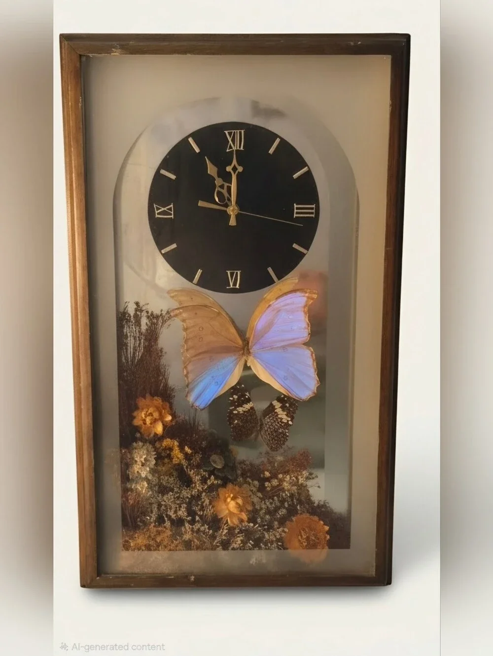 Vintage Tom Knauer Butterfly Specimen Shadow Box Wall Clock Dried Flowers Wood